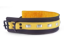 Double strap collar 2" wide. Gold leather top, black leather bottom, butternut fur inner lining, rainbow studs, black d ring by buckle, black locking buckle.