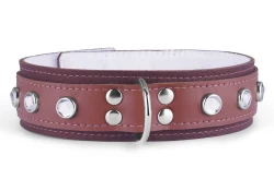 Double strap collar 1.5" wide. Milk chocolate leather top, mahogany leather* bottom, white fur inner lining, d ring in center, crystal gems.