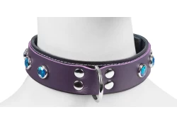 Double strap collar 1.25" wide. Chocolate Raspberry leather top, black leather bottom, d ring in center, aquamarine gems.