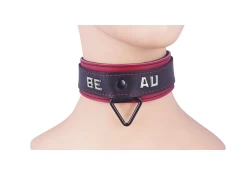 Double strap collar 1.75" wide. Black leather top, red leather bottom, black triangle (attached horizontally as per special request), lettering.