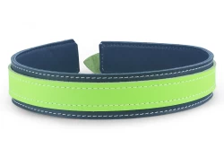 Double strap collar 1.25" wide made in 3/4 top style. Lime green leather top, forest green leather bottom, forest green lambskin inner lining.