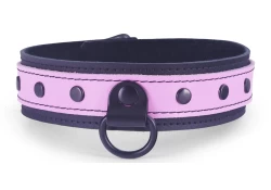 Double strap collar 1.5" wide. Rose leather top, black leather bottom, black suede inner lining, black d ring with clamp in center, black raised dots.