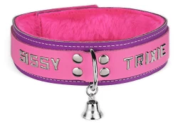 Double strap collar 1.5" wide. Pink leather top, lavender leather* bottom, pink fur inner lining, d ring in center (with small bell attached), lettering. *Material is discontinued.