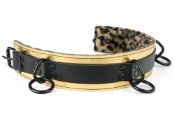 Double strap collar 2" wide. Black leather top, gold metallic leather bottom, baby leopard fur inner lining, 3 black loop & dee, black buckle.