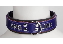 Double strap collar 1.5" wide. Purple lambskin outer layer top, black leather bottom, d ring, lettering.