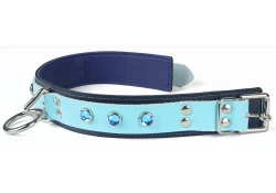Double strap collar 1.5" wide. Baby blue leather top, black leather bottom, purple lambskin inner lining, loop & dee attachment, aquamarine gems.
