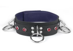 Double strap collar 1.75" wide. Black leather top and bottom, purple lambskin inner lining, 3 loop & dee, ruby dome gems