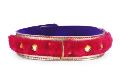Double strap collar 1.75" wide. Red fur outer layer top, gold metallic leather bottom, purple fur inner lining, brass d ring, gold gems.