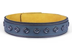 Double strap collar 1.5" wide. Forest green leather top, black leather bottom, golf suede* inner lining, black hollow diamond studs.