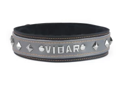 Double strap collar 1.5" wide. Grey leather top, black leather bottom, black fur inner lining, lettering, pyramid diamonds.