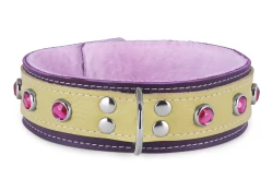 Double strap collar 1.5" wide. Sand leather* top, chocolate raspberry leather bottom, pastel fur inner lining, d ring, pink gems.
