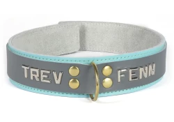 Double strap collar 1.5" wide. Grey leather top, baby blue leather bottom, grey suede inner lining, brass d ring, lettering.
