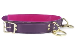 Double strap collar 1.5" wide. Chocolate raspberry leather top, chocolate raspberry leather bottom, fuchsia lambskin inner lining, brass locking buckle, 3 brass loop & dee attachments.