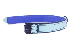 Double strap collar 1.25" wide. Baby blue leather top, black leather bottom, ocean blue leather inner lining, black buckle, black d ring in center