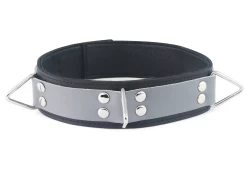 Double strap collar 1.5" wide. Grey leather top, black leather bottom, black lambskin inner lining, 3 triangles.
