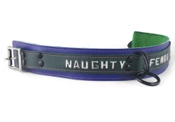 Double strap collar 1.75" wide. Forest Green leather top, royal blue leather bottom, italian green fur inner lining, black loop & dee, lettering.