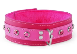 Double strap collar 2" wide. Pink leather top, fuchsia leather bottom, pink fur inner lining, d ring, pink gems.