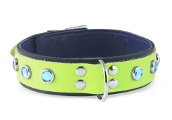 Double strap collar 1.25" wide. Lime green leather top, black leather bottom, purple lambskin inner lining, d ring in center, aquamarine gems.