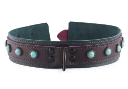 Double strap collar 1.5" wide. Chocolate raspberry leather top, forest green leather bottom, no inner lining, black d ring, turquoise gems (discontinued).