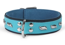 Double strap collar 1.25" wide. Teal leather top, black leather bottom, teal suede inner lining, d ring, wave studs.