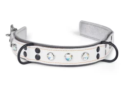 Double strap collar 1.25" wide. White leather top, grey leather bottom, silver metallic lambskin inner lining, 3 black d rings, opal gems.