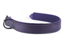 Heavy duty collar 1.25" wide. Midnight Purple leather top, Midnight Purple leather bottom, purple lambskin inner lining, reinforced black d ring by buckle.