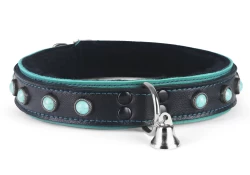 Double strap collar 1.25" wide. Black lambskin outer layer top, teal leather bottom, black fur inner lining, d ring (with small bell attached), turquoise gems (discontinued).