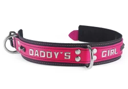Double strap collar 1.5" wide. Fuchsia leather top, black leather bottom, black suede inner lining, d ring in center, d ring by buckle, lettering and black bevels.