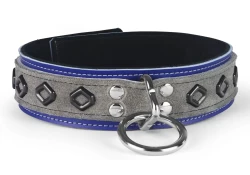 Double strap collar 1.5" wide. Grey suede outer layer top, royal blue leather bottom, black suede inner lining, silver loop & dee, black hollow diamonds.