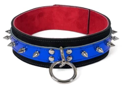 Double strap collar 1.75" wide. Blue metallic leather top, black suede outer layer bottom, red suede inner lining, loop & dee, spikes.