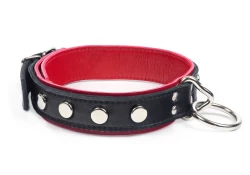 Double strap collar 1.25" wide. Black lambskin outer layer top, red leather bottom, red lambskin inner lining, loop & dee in center, raised dots.