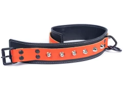 Double strap collar 1.75" wide. Orange leather top, black leather bottom, black lambskin inner lining, black locking buckle, black loop & dee, domes.