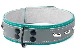 Double strap collar 1.5" wide. Grey leather top, teal leather bottom, grey suede inner lining, black d ring, wave studs.