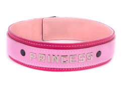 Double strap collar 1.5" wide. Rose leather top, fuchsia leather bottom, pastel lambskin inner lining, lettering in center.