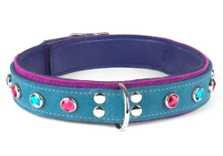Double strap collar 1.25" wide. Teal suede outer layer top, violet suede outer layer bottom, purple lambskin inner lining, d ring, alternating pink and aquamarine gems (upon special request).