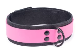 Double strap collar 1.5" wide. Pink leather top. black leather bottom, black lambskin inner lining. Black d ring.