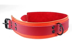 Double strap collar 1.75" wide. Red leather top, orange leather bottom, red suede inner lining. black d ring, black buckle.