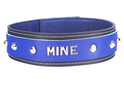 Double strap collar 1.5" wide. Royal blue leather top, black leather bottom, royal blue lambskin inner lining, lettering, domes.