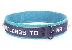 Double strap collar 1.5" wide. Midnight Purple leather top, turquoise leather bottom, teal suede inner lining, black d ring, lettering.
