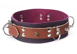 Double strap collar 2" wide. Milk chocolate leather top, chocolate raspberry leather bottom, no inner lining, 3 d rings, spikes in between.