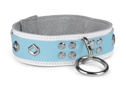 Heavy duty collar 1.5" wide. Baby blue leather top, white leather bottom, grey suede inner lining, reinforced loop & dee, hollow diamond gems.