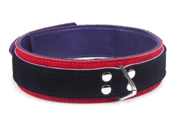 Double strap collar 1.5" wide. Black suede outer layer top, red suede outer layer bottom, purple lambskin inner lining, triangle in center.