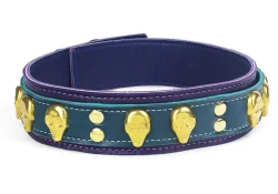 Double strap collar 1.5" wide. Teal lambskin outer layer top, purple lambskin outer layer bottom, purple lambskin inner lining, brass skulls.