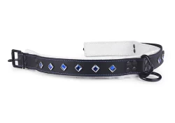 Heavy duty collar 1.25" wide. Black leather top, white fur outer layer bottom, no inner lining, reinforced black loop & dee, sapphire diamond mini gems.