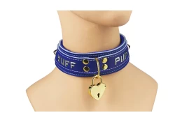 Double strap collar 1.5" wide. Royal blue leather top, royal blue leather bottom, brass d ring in center (with large gold heart-shaped lock), lettering