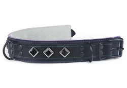 Double strap collar 1.5" wide. Black leather top, chocolate raspberry leather bottom, grey suede inner lining, black d ring in center, black d ring by buckle, black locking buckle, onyx diamond gems.