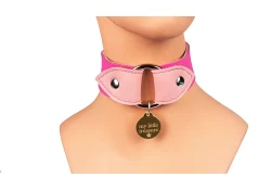 1.75" wide O-Ring collar with wings. Pink leather, pastel lambskin inner lining, silver o-ring, large gold custom tag is attached.