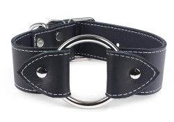 1.5" wide O-Ring with wings. Black leather, black leather inner lining, silver hardware, d ring by buckle