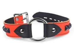 1.25" wide collar with wings. Orange leather, black leather inner lining, black pyramids, silver hardware