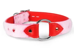 1.25" wide collar with wings. Pastel fur outer layer, orange lambskin inner lining, ruby gems, silver o-ring, reinforced d ring by buckle